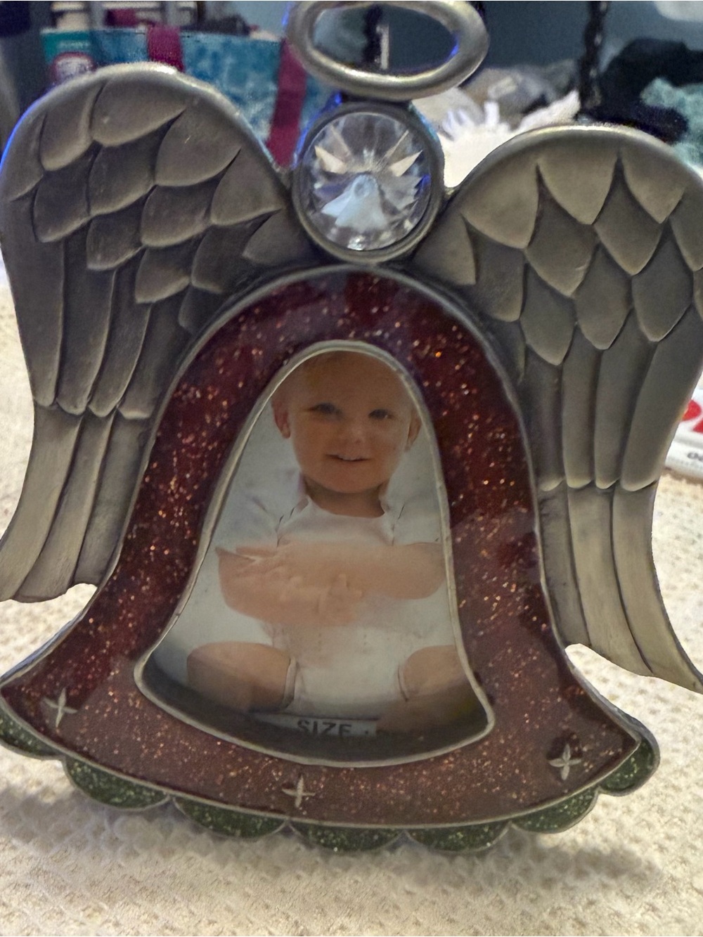 Pewter Metal  Angel Mini Photo Frame -Tabletop Display Red Accents